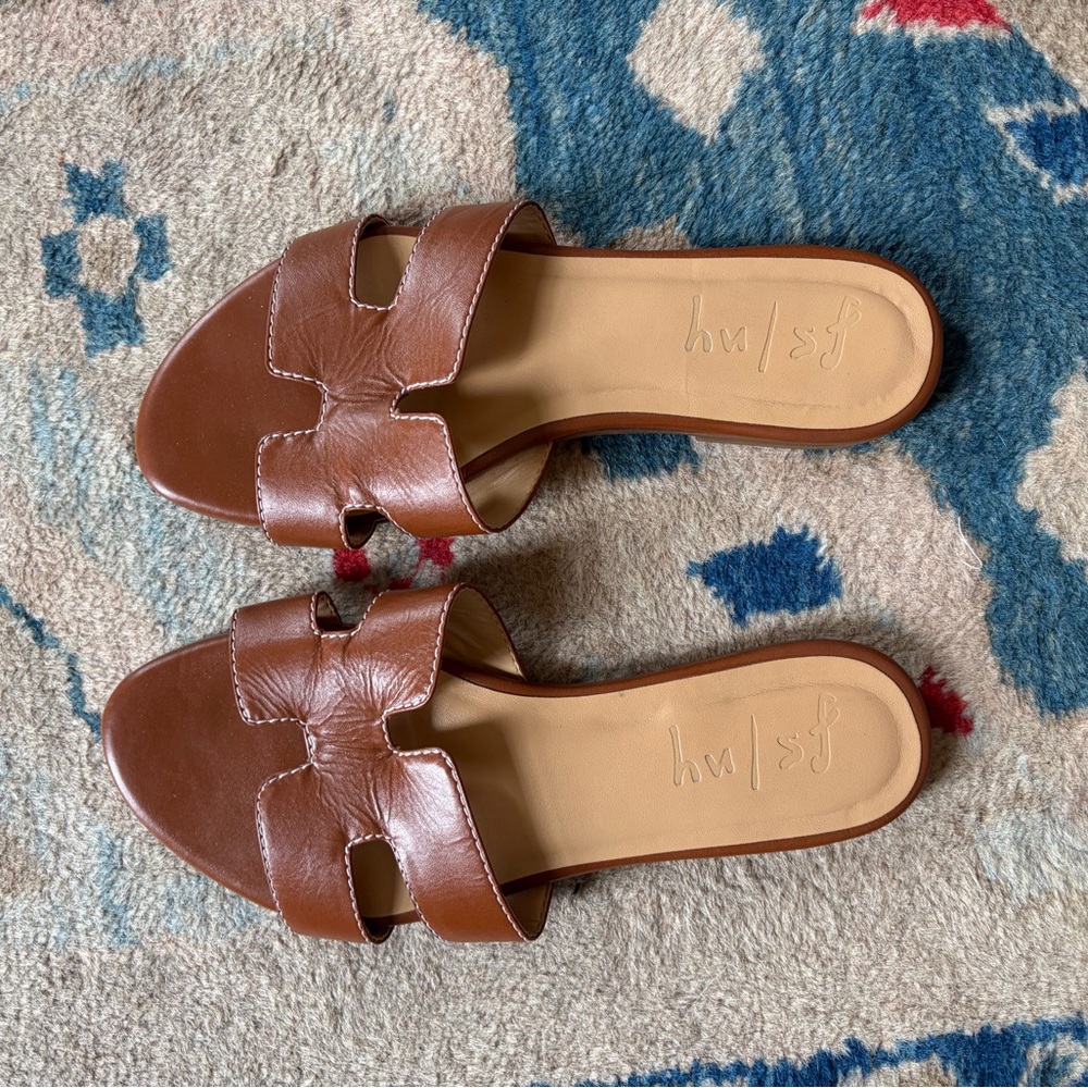 French Sole Brown Leather Slide Sandals